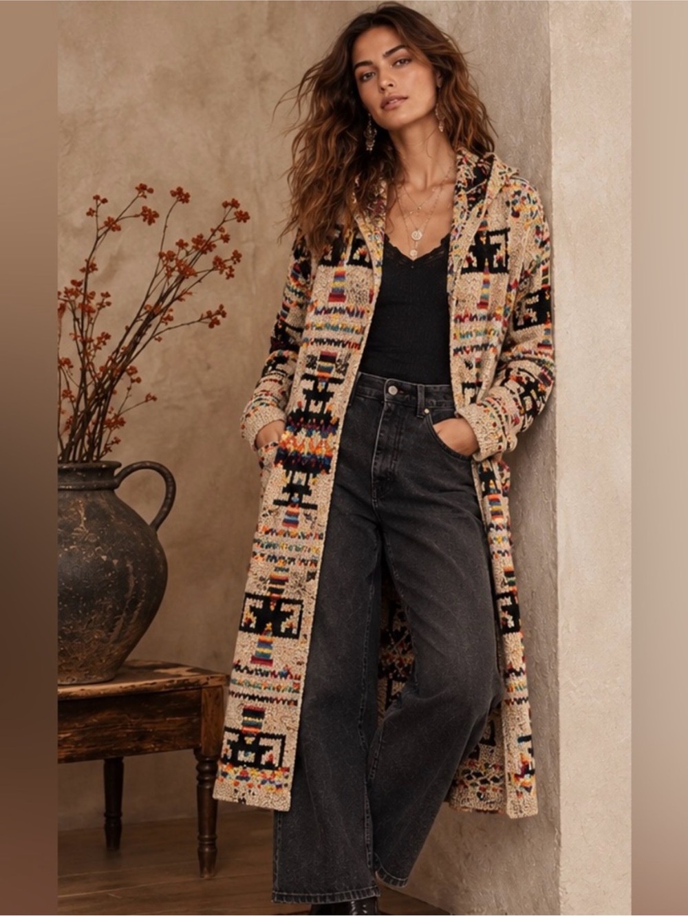 Northern Angel Southwestern Long Duster Cardigan Sweater With Hood Size S Womens